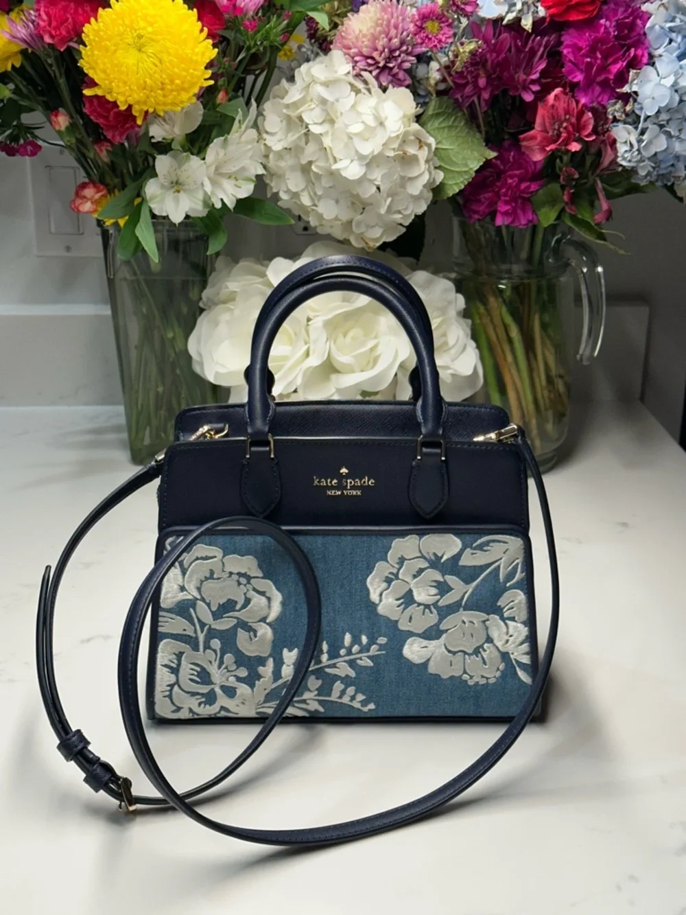 Kate Spade Madison Navy Blue Denim Floral Vase Embroidered Tote Crossbody Bag